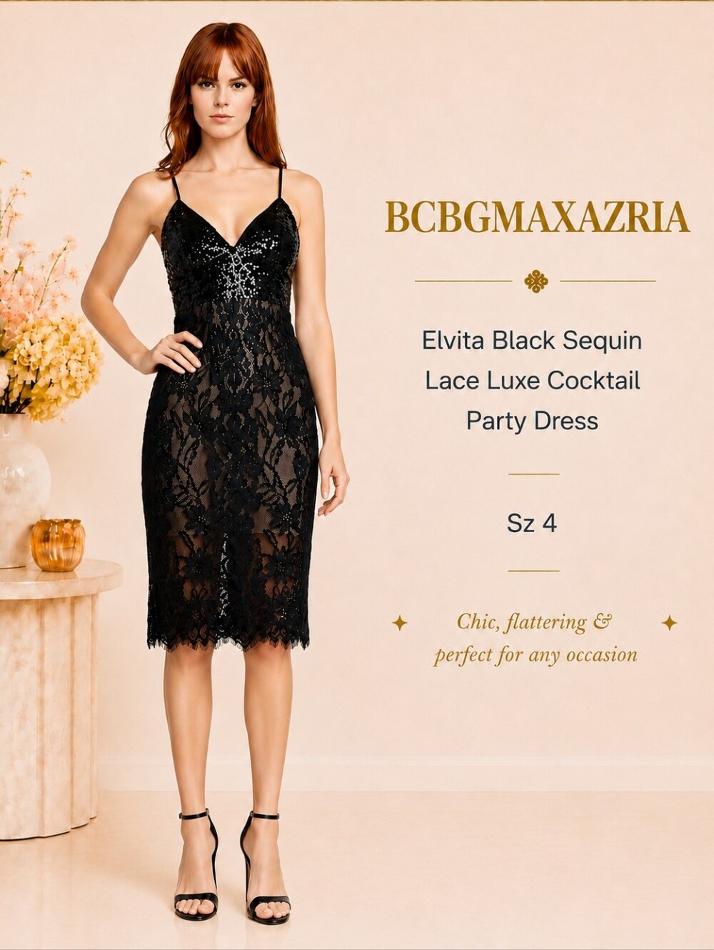 BCBGMAXAZRIA Elvita Black Sequin Lace Luxe Cocktail Party Dress Sz 4